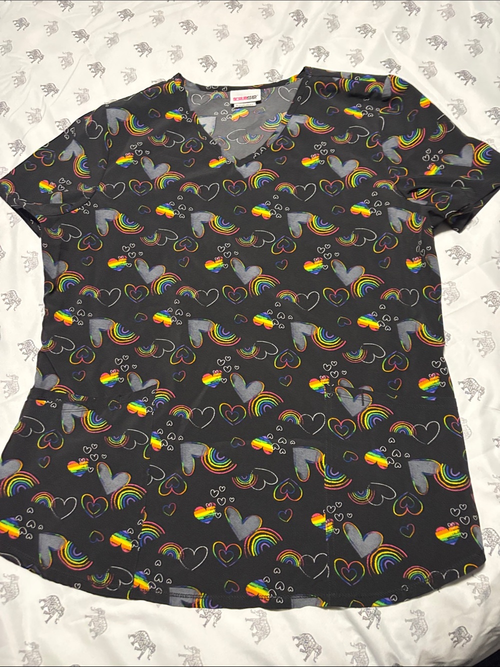 Scrubstar Black Rainbow & Heart Print V-Neck Scrub Top